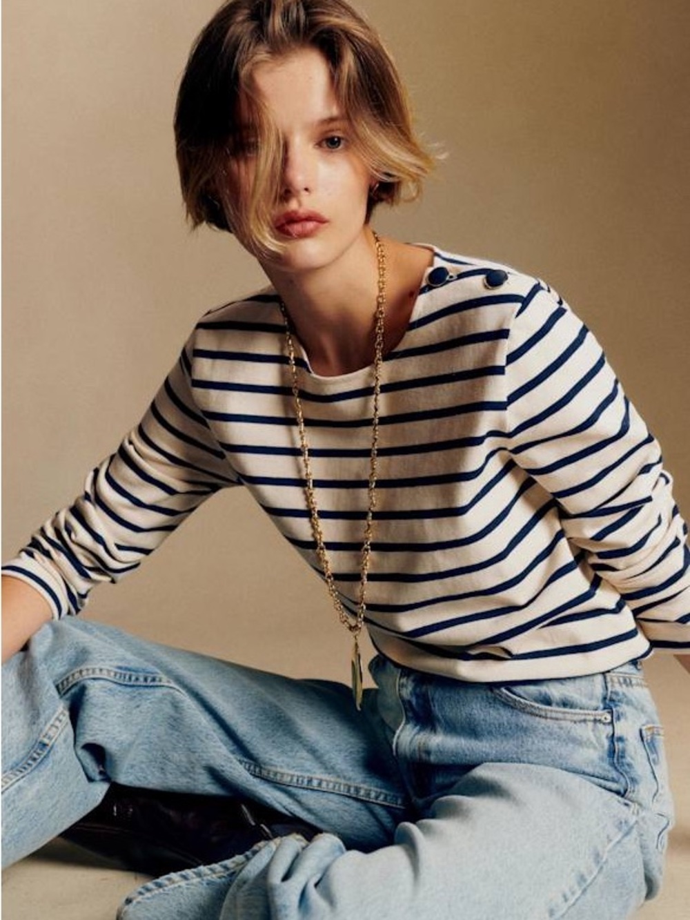 SEZANE colette mariniere navy blue and ecru cream striped top shirt 100% cotton